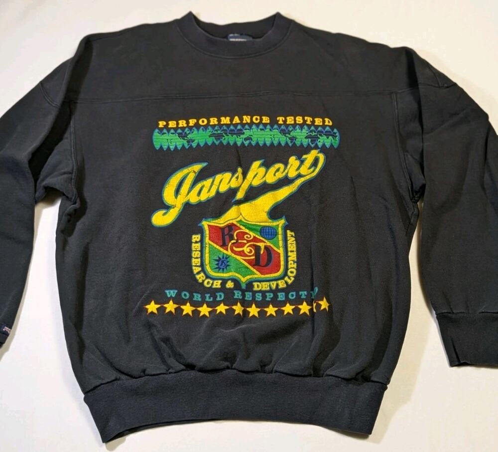 Vintage JanSport Graphic Crewneck Pullover M Black distressed 90s RARE